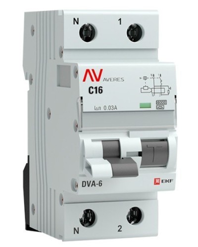 DVA-6 1P+N 16А (C) 30мА (A) 6кА  AVERES (rcbo6-1pn-16C-30-a-av). Автоматический выключатель дифференциального тока. EKF в Томске