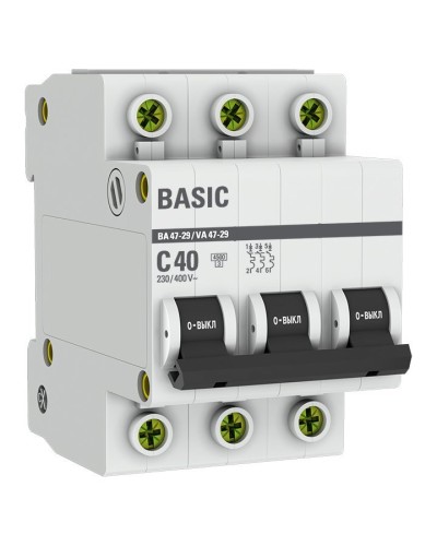 Автоматический выключатель 3P 40А (C) 4,5кА ВА 47-29 Basic (mcb4729-3-40C). Автоматический выключатель. EKF в Томске