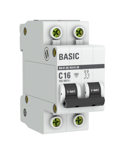 Автоматический выключатель 2P 16А (C) 4,5кА ВА 47-29 Basic (mcb4729-2-16C). Автоматический выключатель. EKF в Томске