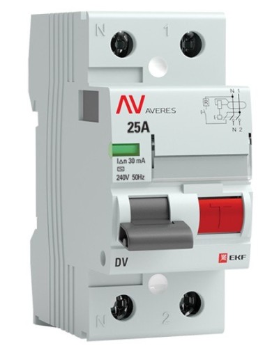 DV 2P 25А/ 30мА (A)  AVERES (rccb-2-25-30-a-av). Выключатели дифференциального тока (УЗО). EKF в Томске