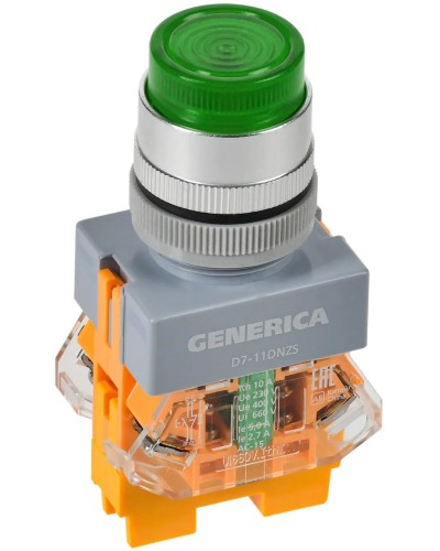 Кнопка D7-11DNZS d=22мм зеленая GENERICA (BBT50-11DNZS-3-11-K06-G). Кнопка управления с подсветкой и фиксацией. IEK в Томске