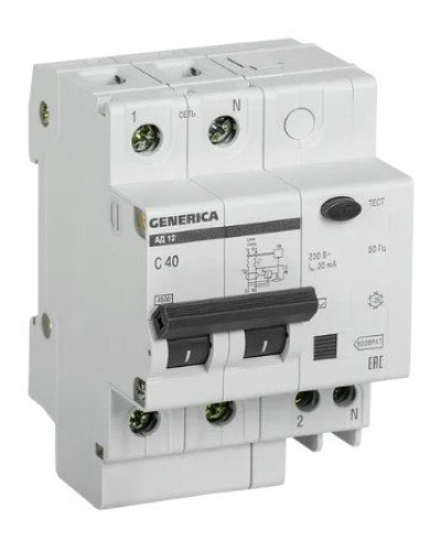 GENERICA АД12 2Р 40А 30мА (MAD15-2-040-C-030). Автоматический выключатель дифференциального тока. IEK в Томске