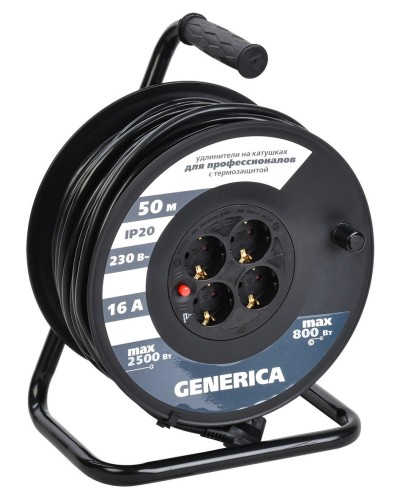 УК50 4 места 2P+PE, 50м GENERICA (WKP20-16-04-50-G). Удлинитель на катушке с термозащитой, 3х1,5кв.мм. IEK в Томске
